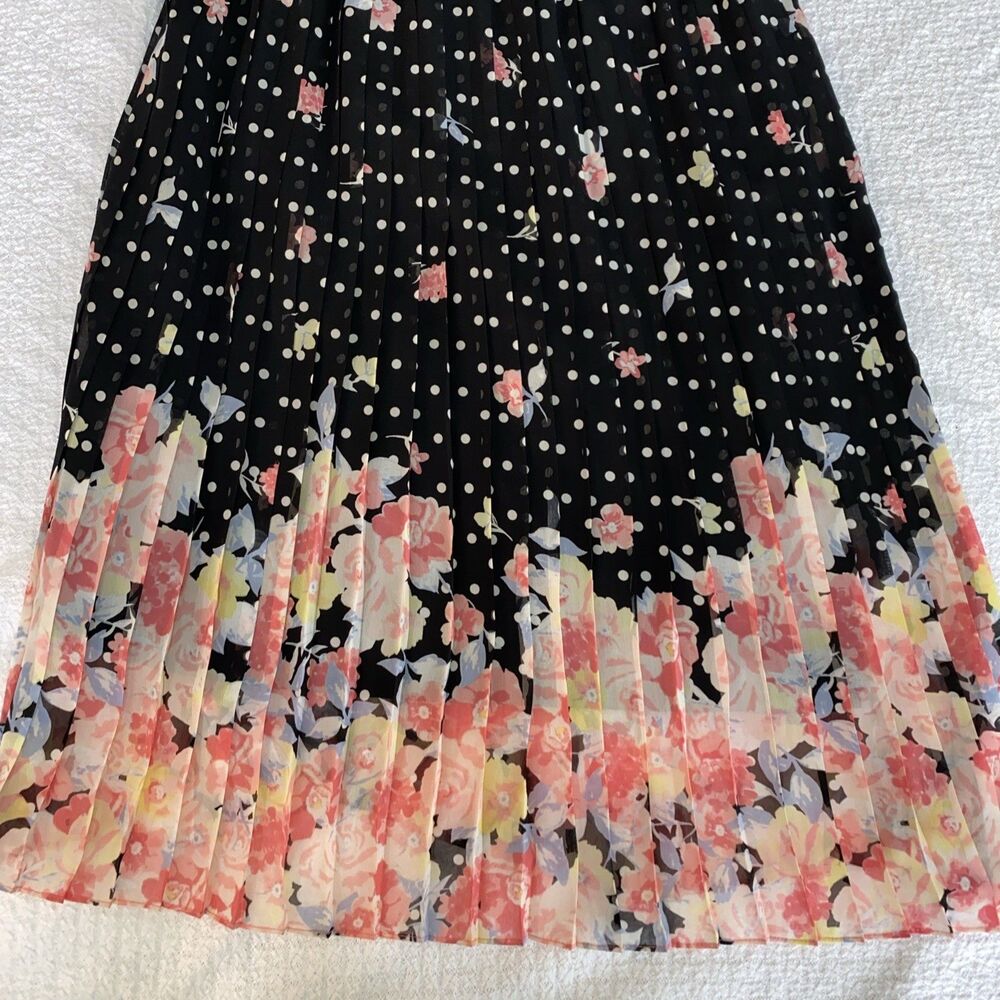 Whimsigoth Floral Pleated Dress Black Polka Dot Midi Romantic Adjustable Straps - Picture 3 of 8